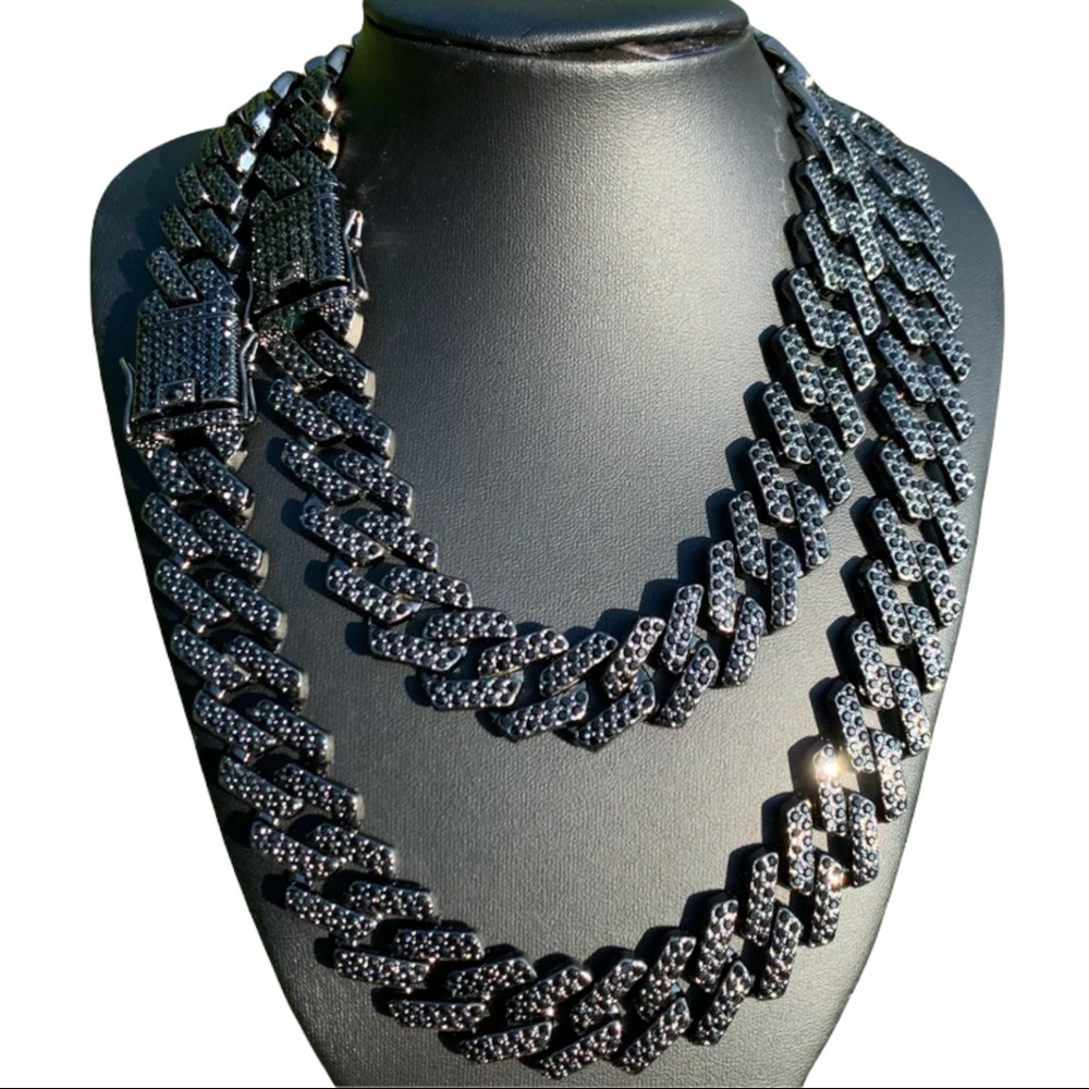 19mm Black Cuban Chain Iced 16”-22”
